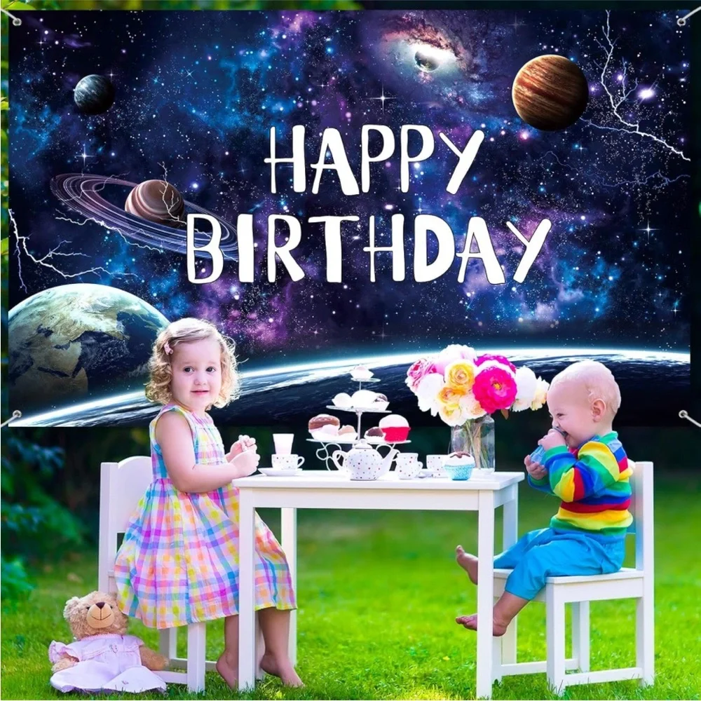 Space Galaxy Birthday Backdrop, Table Cloth & 500 Stickers Bundle